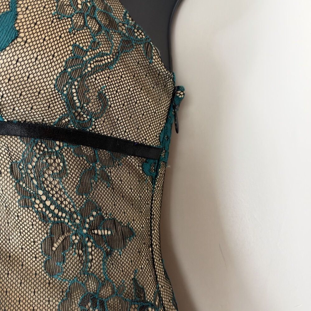bebe Lace Mini Dress Sz 2 Teal Black Nude Floral Y2K Lingerie Romantic Coquette - Picture 6 of 12